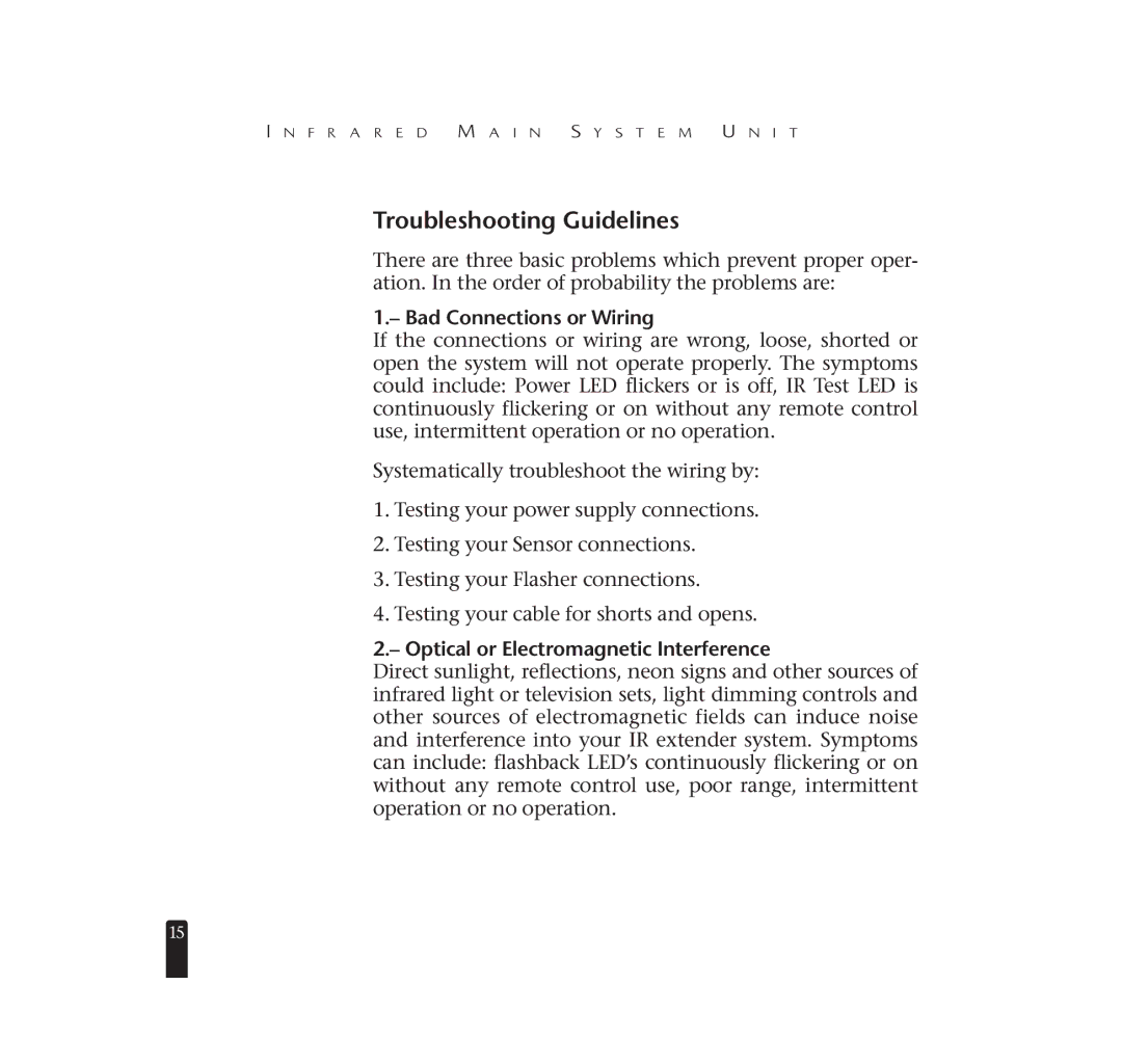 Niles Audio MSU140 manual Troubleshooting Guidelines, Bad Connections or Wiring, Optical or Electromagnetic Interference 