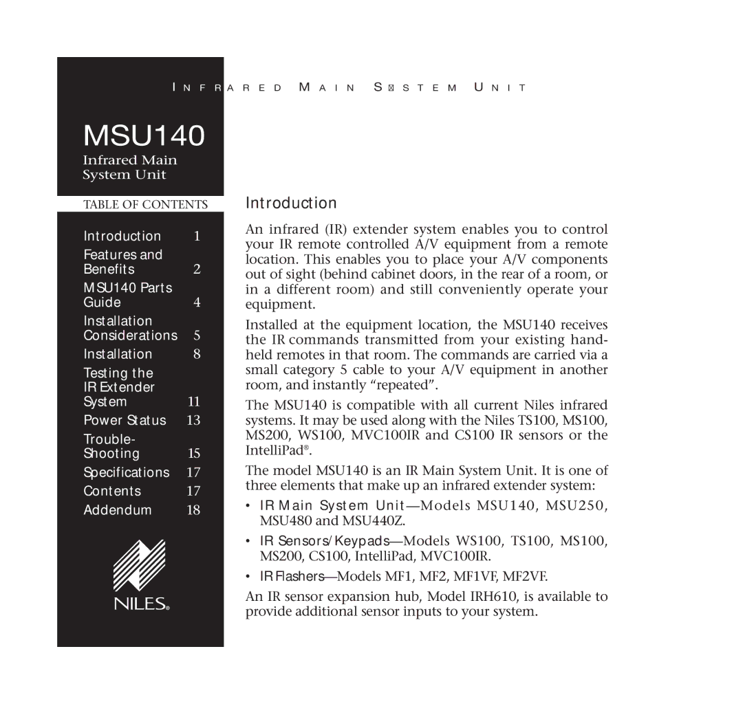 Niles Audio MSU140 manual Introduction 