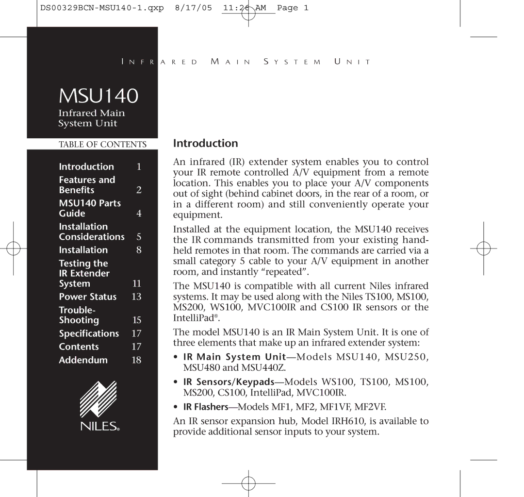 Niles Audio MSU140 specifications Introduction 