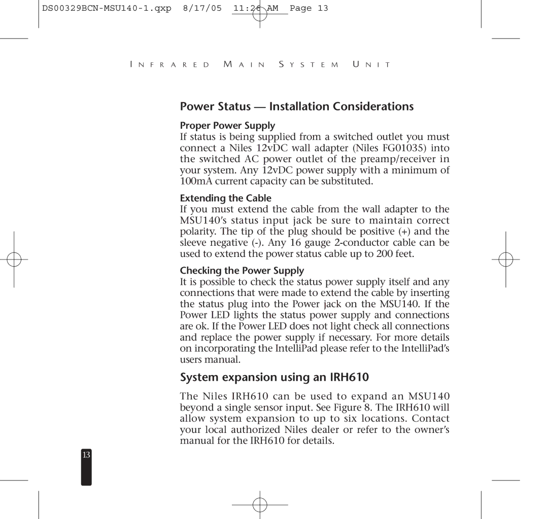 Niles Audio MSU140 Power Status Installation Considerations, System expansion using an IRH610, Proper Power Supply 