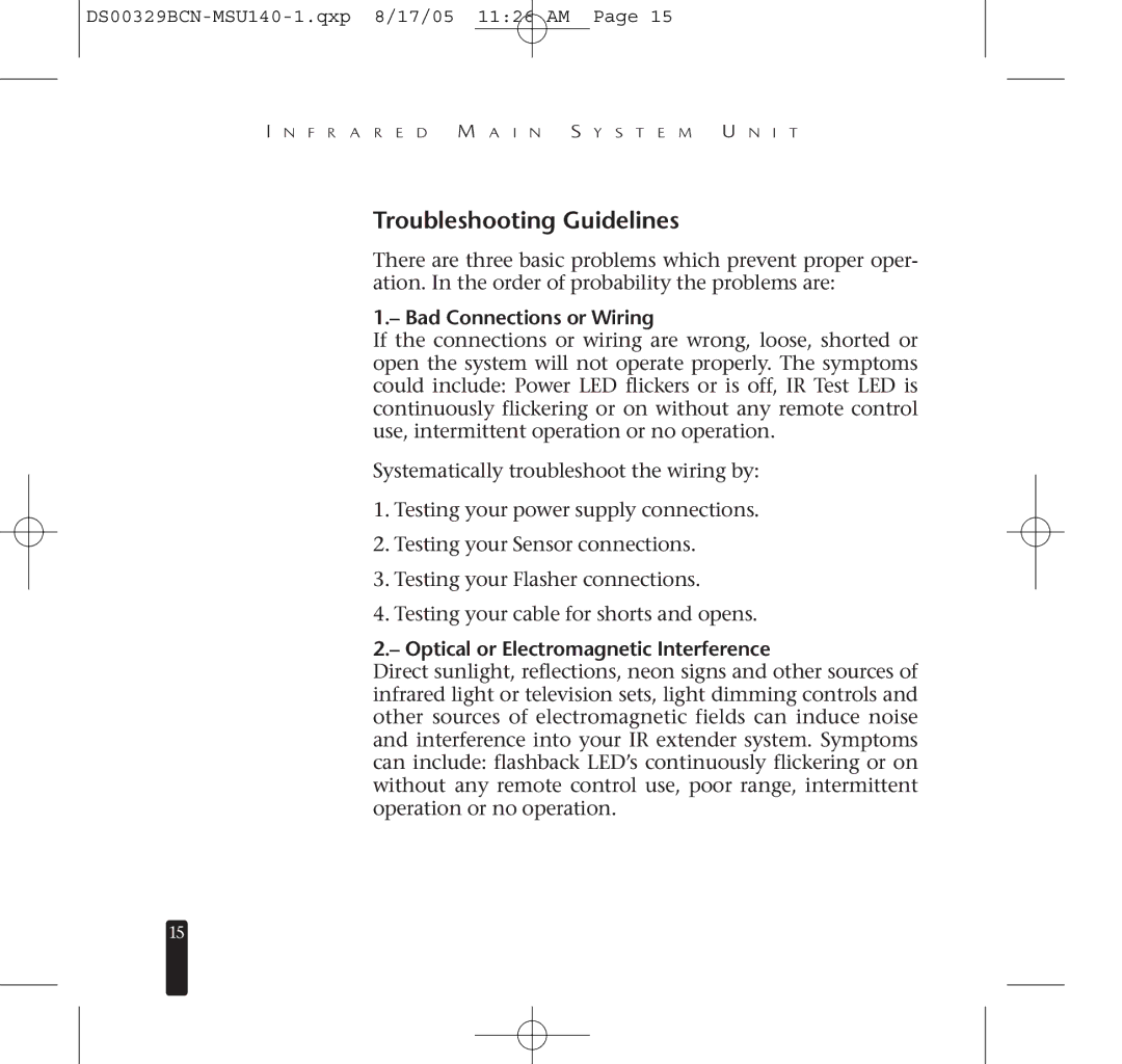 Niles Audio MSU140 Troubleshooting Guidelines, Bad Connections or Wiring, Optical or Electromagnetic Interference 