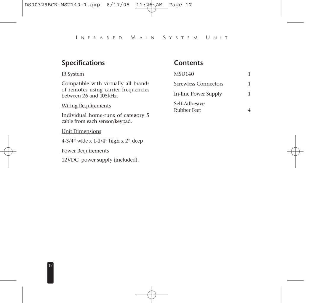 Niles Audio MSU140 specifications Specifications, Contents 