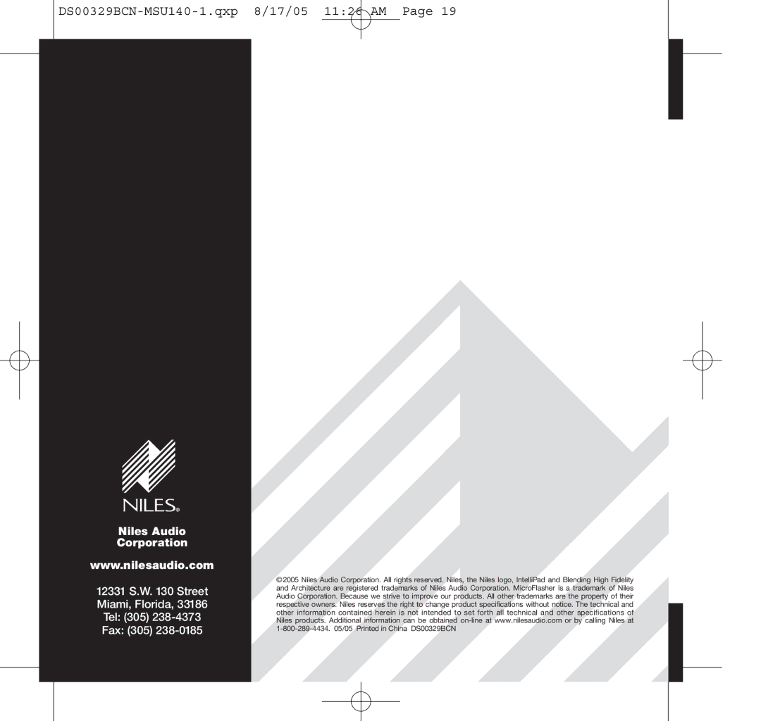 Niles Audio MSU140 specifications Niles Audio Corporation 