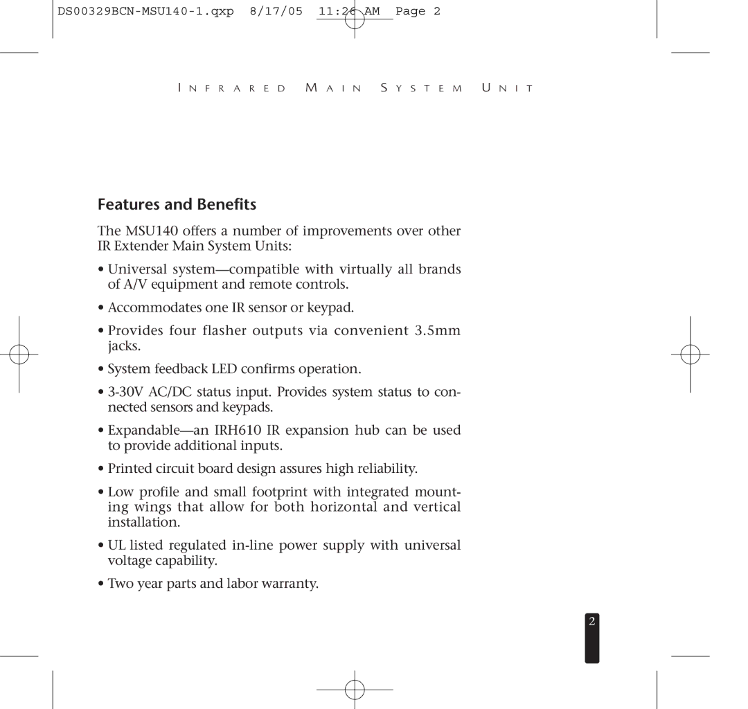 Niles Audio MSU140 specifications Features and Benefits 