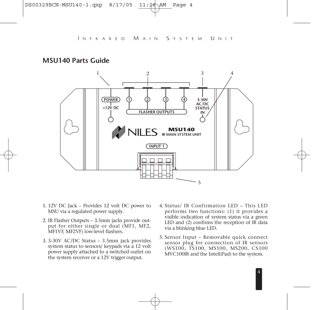 Niles Audio specifications MSU140 Parts Guide 