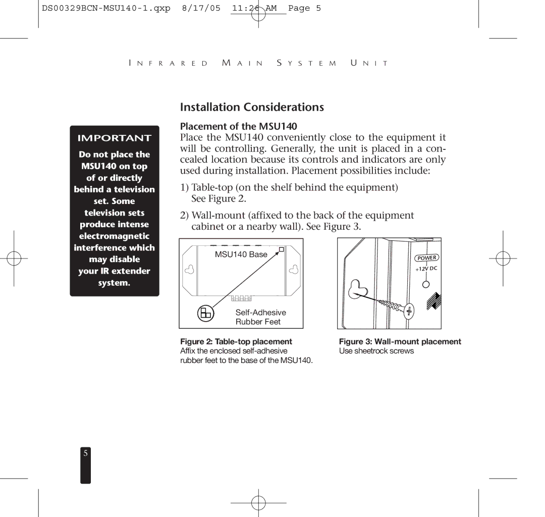 Niles Audio specifications Installation Considerations, Placement of the MSU140 