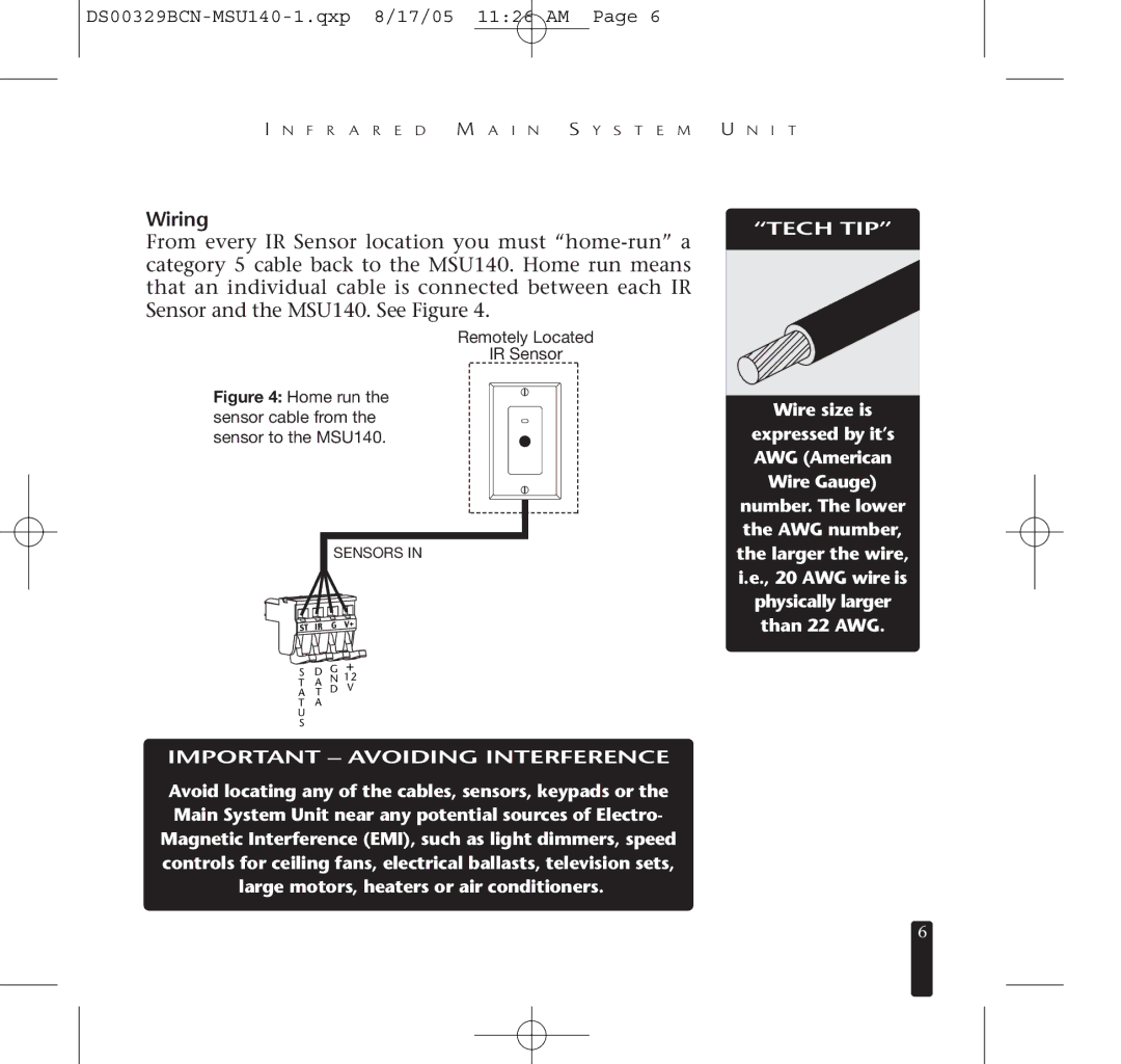 Niles Audio MSU140 specifications Wiring, Important Avoiding Interference 