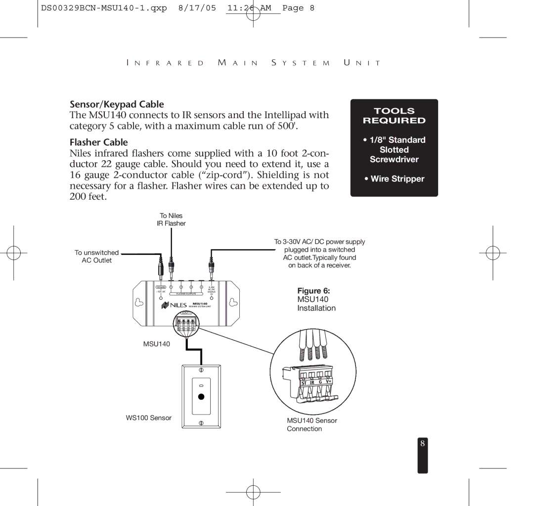 Niles Audio MSU140 specifications Sensor/Keypad Cable, Flasher Cable 