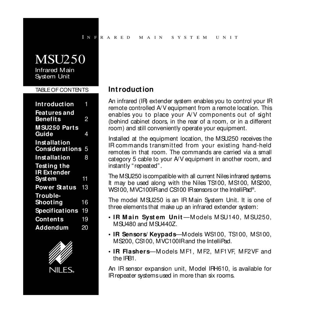 Niles Audio MSU250 manual Introduction 