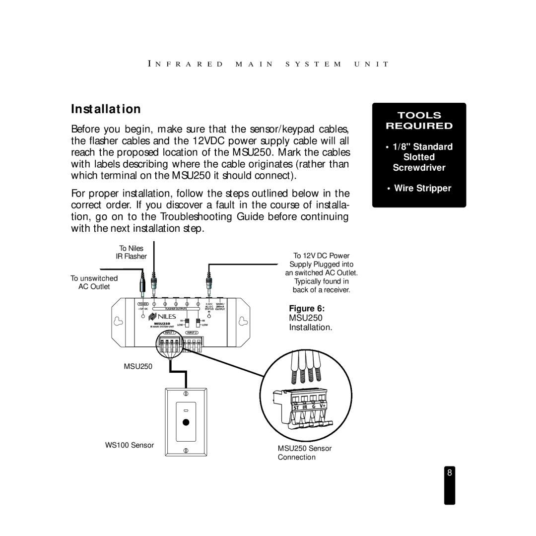 Niles Audio MSU250 manual Installation, Standard Slotted Screwdriver Wire Stripper 