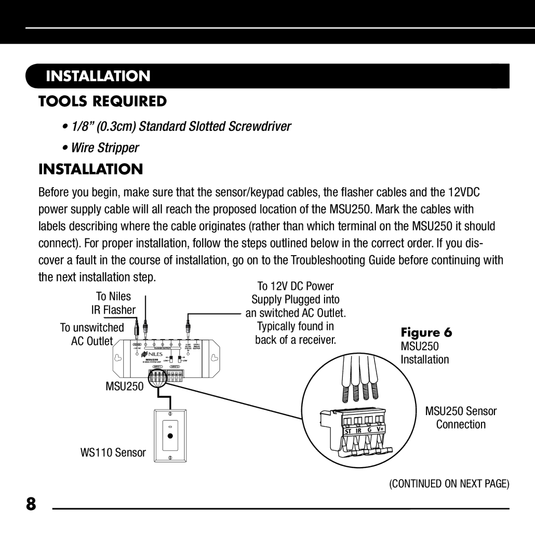 Niles Audio MSU250 manual Tinstallation, Tools Required, Installation 