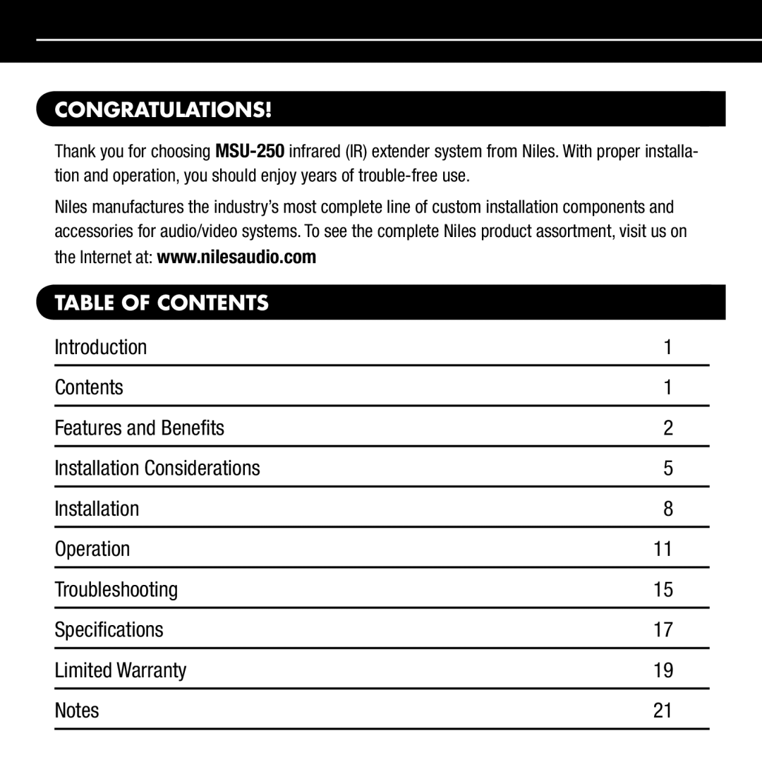 Niles Audio MSU250 manual Congratulations, Table of Contents 