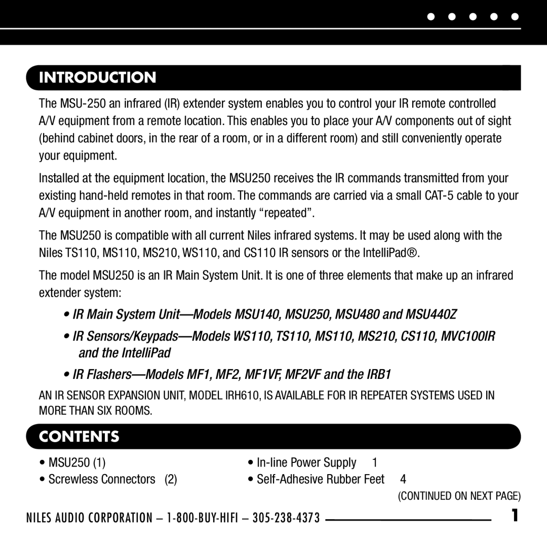 Niles Audio MSU250 manual Introduction, Contents 