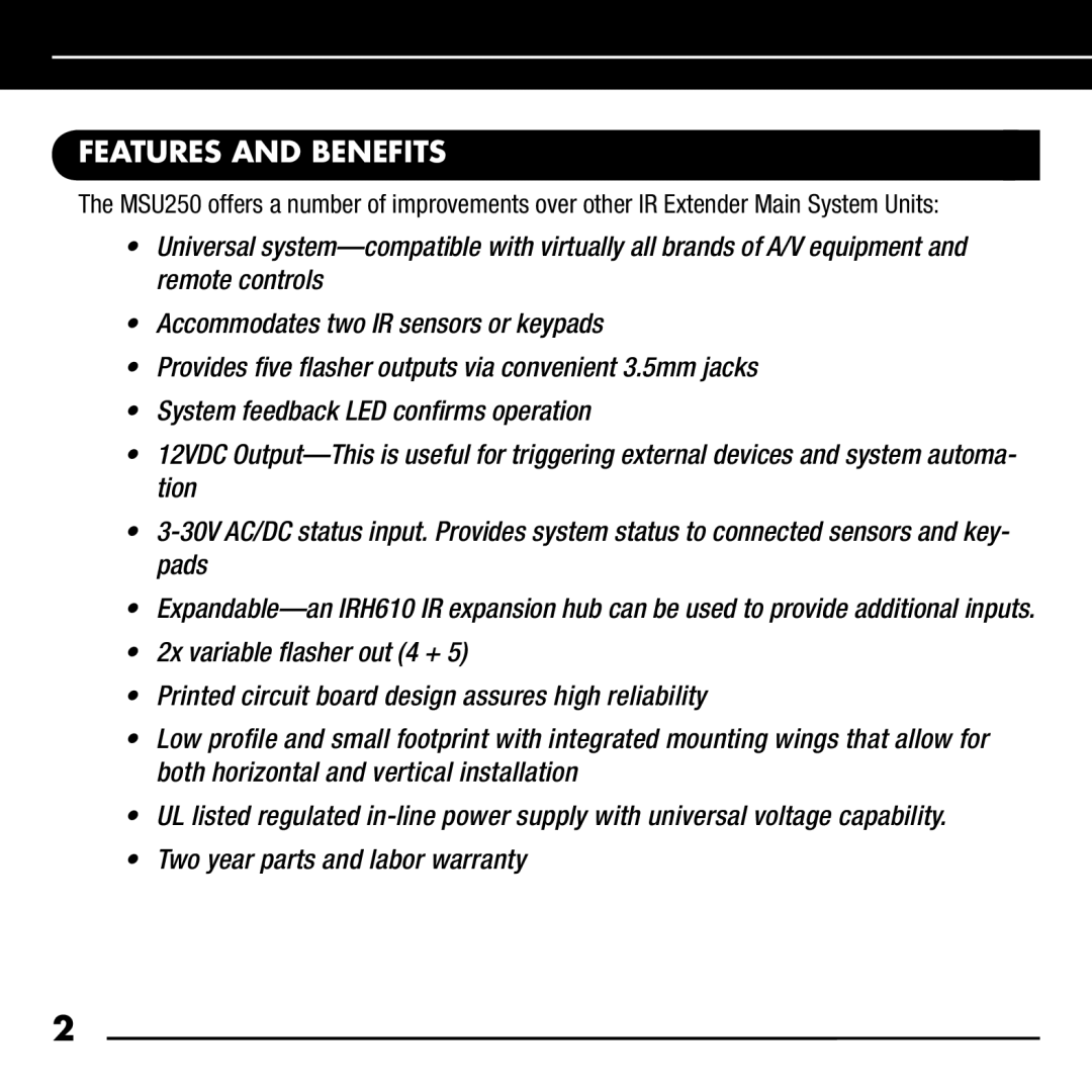 Niles Audio MSU250 manual Features and Benefits 