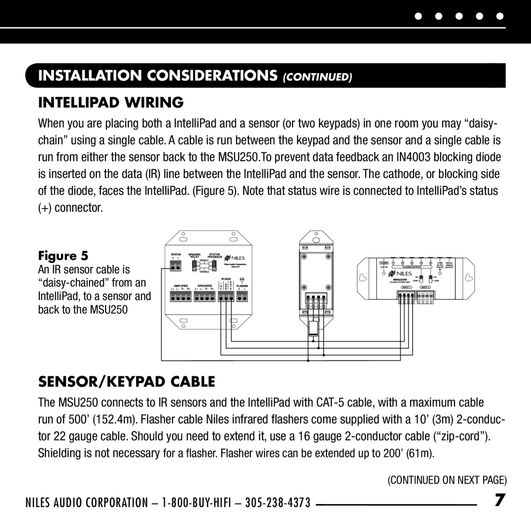 Niles Audio MSU250 manual Intellipad Wiring, SENSOR/KEYPAD Cable 