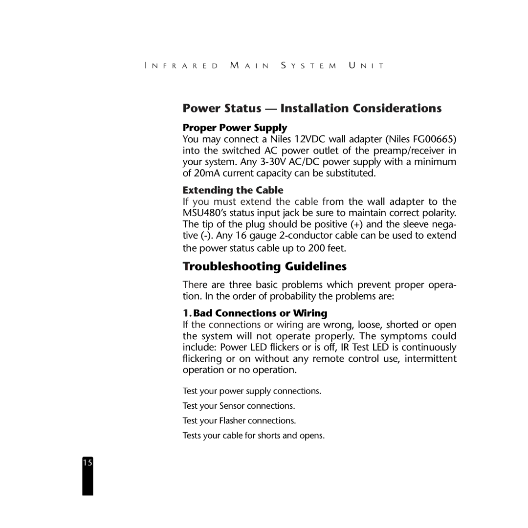 Niles Audio MSU480 manual Power Status Installation Considerations, Troubleshooting Guidelines, Proper Power Supply 