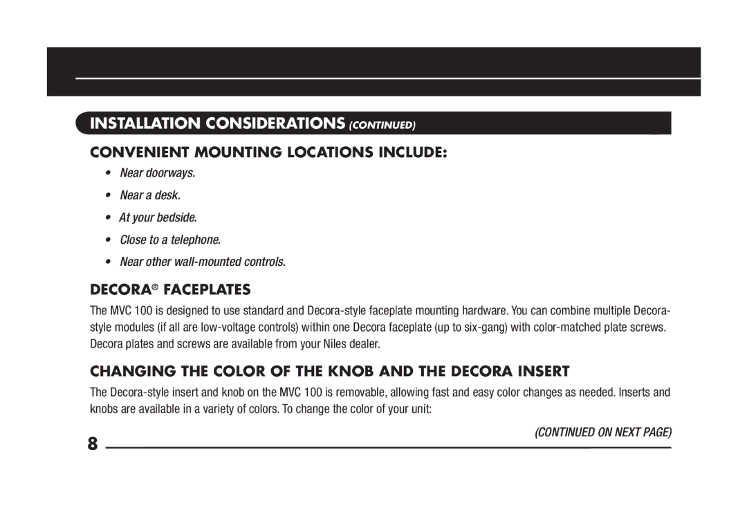 Niles Audio MVC100R manual Convenient Mounting Locations Include, Decora Faceplates 