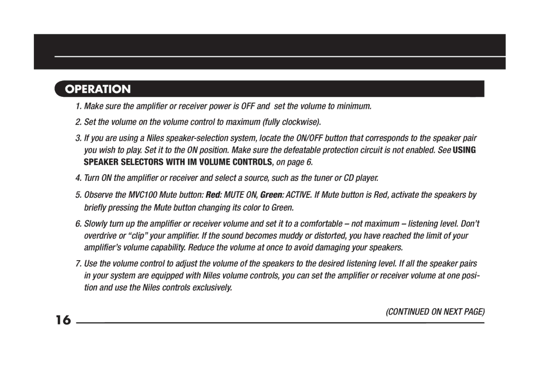 Niles Audio MVC100R manual Operation 