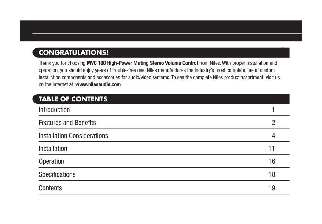 Niles Audio MVC100R manual Congratulations Table of Contents 