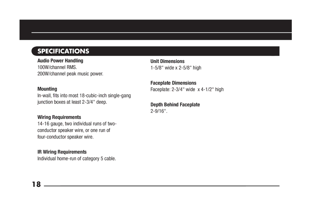 Niles Audio MVC100R manual Specifications, Wiring Requirements 