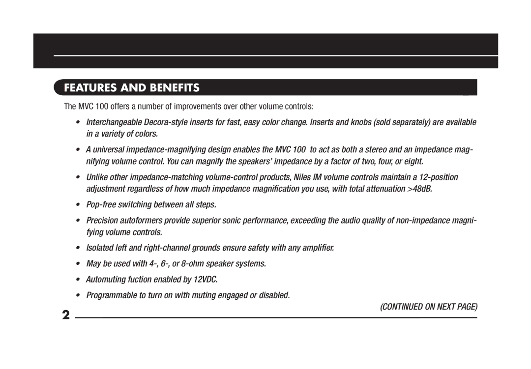 Niles Audio MVC100R manual Features and Benefits 