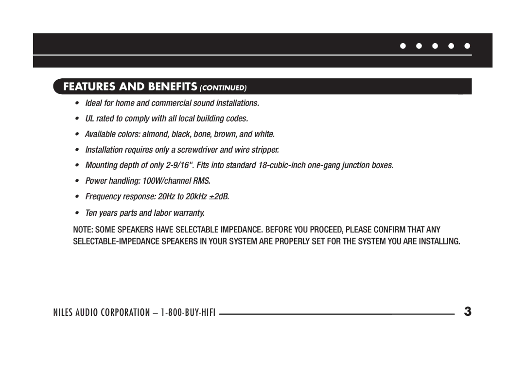 Niles Audio MVC100R manual Features and Benefits 