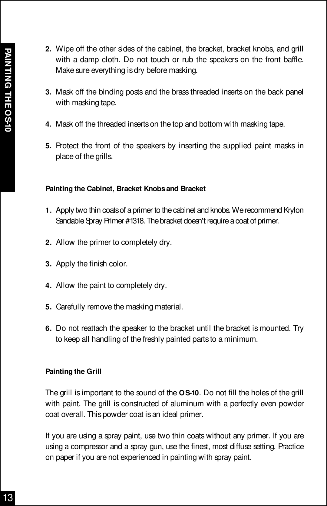 Niles Audio OS-10 manual Painting the Cabinet, Bracket Knobs and Bracket, Painting the Grill 