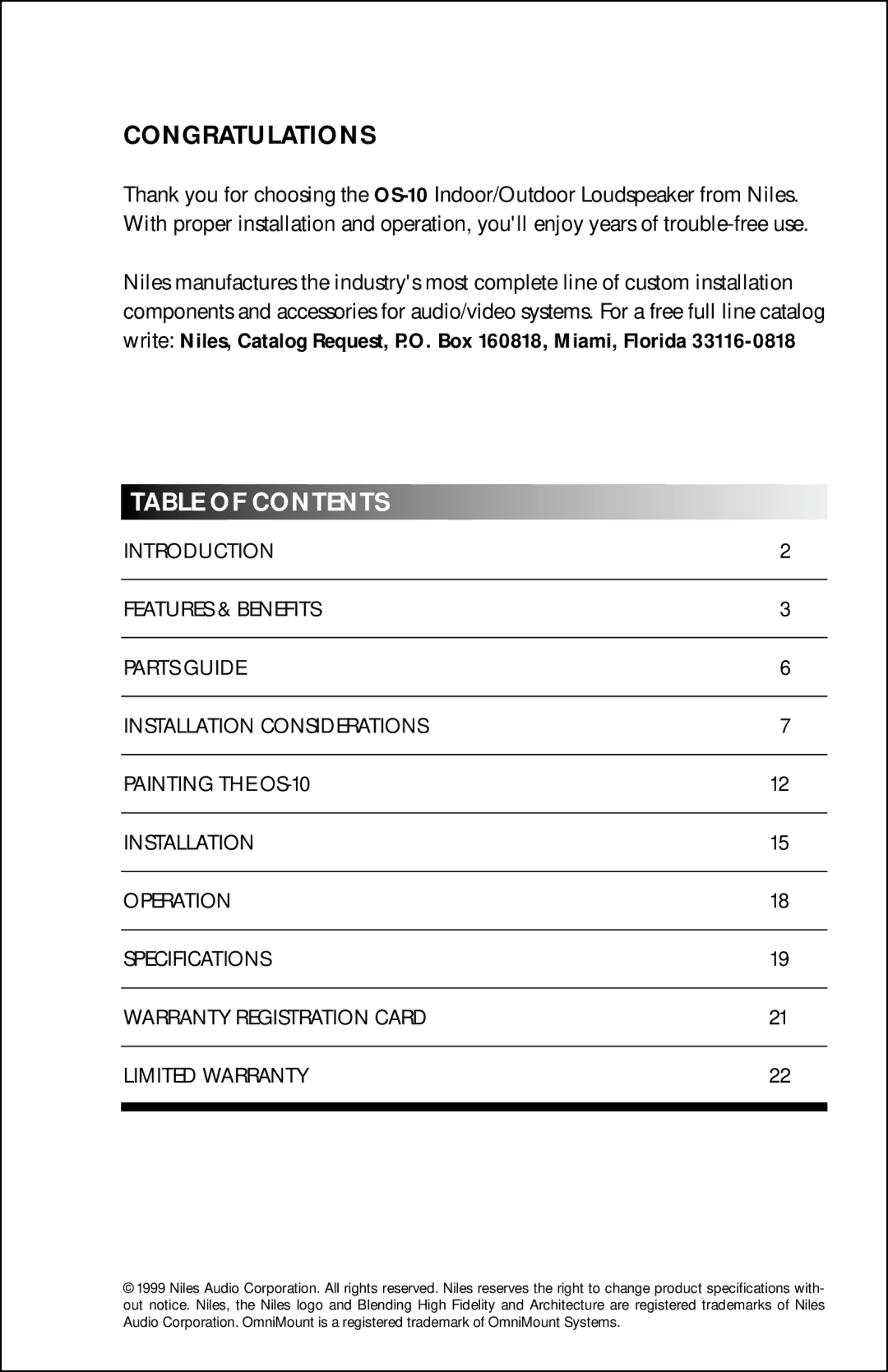 Niles Audio OS-10 manual Congratulations, Table of Contents 