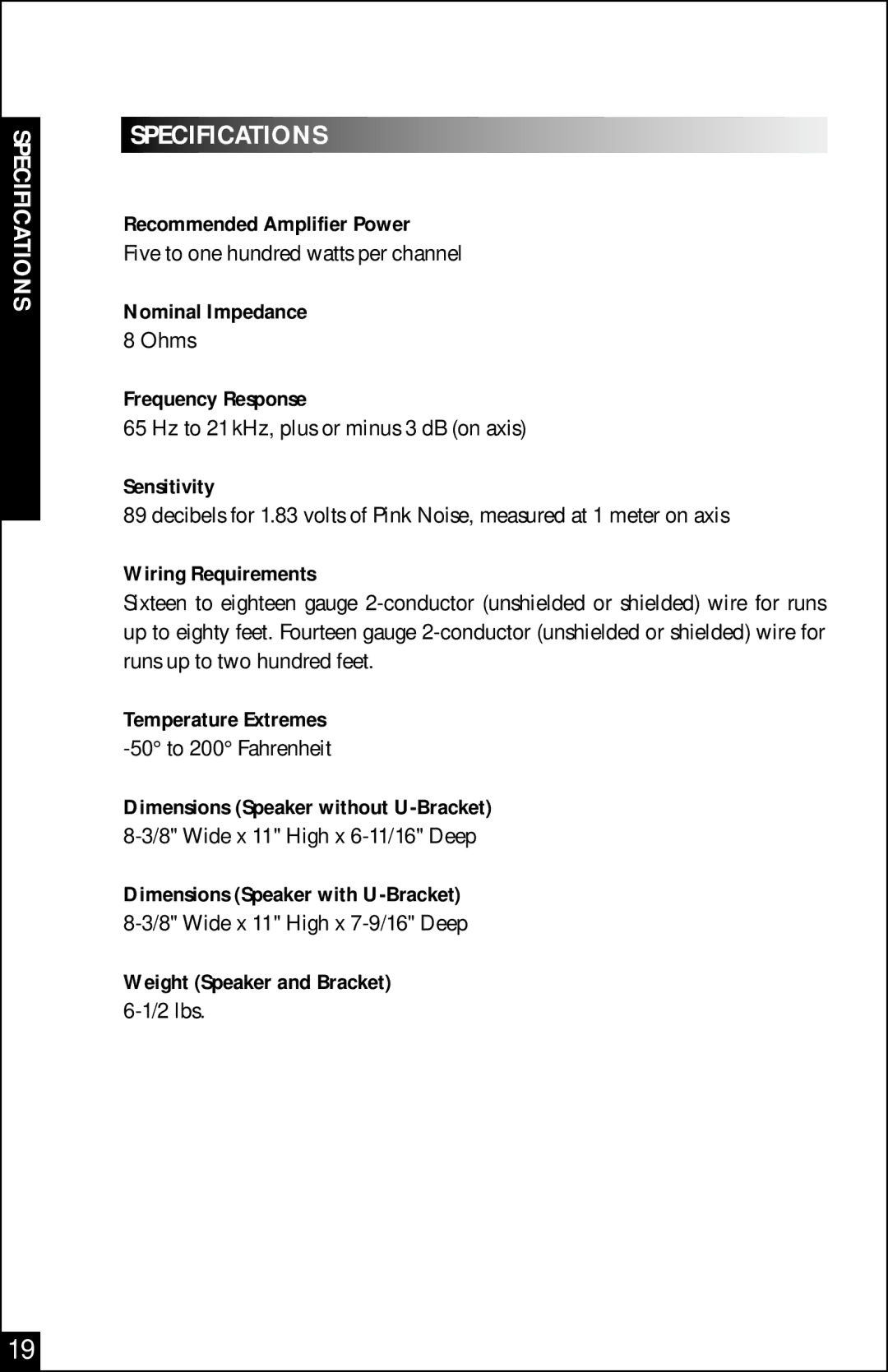 Niles Audio OS-10 manual Specifications 