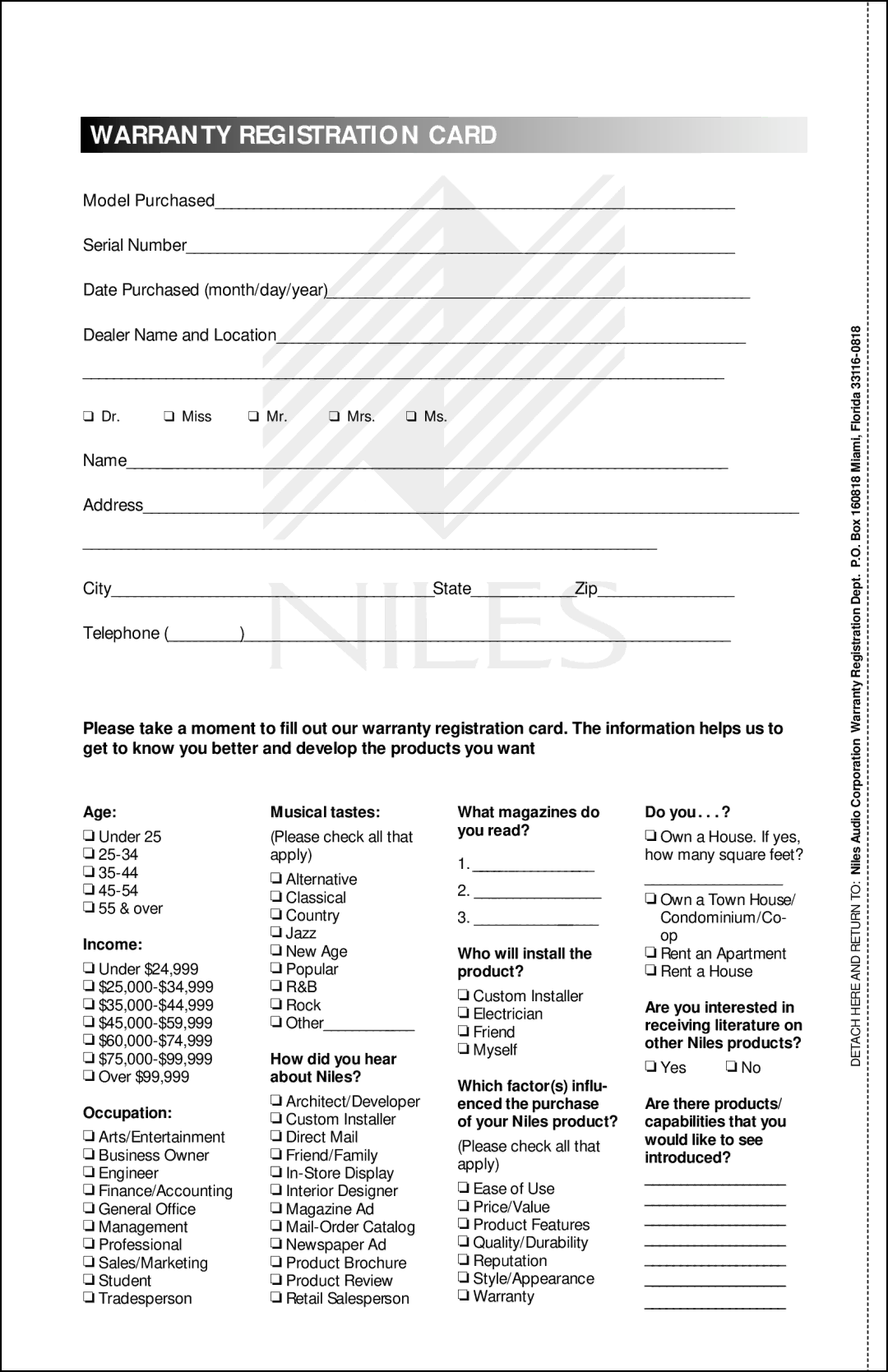 Niles Audio OS-10 manual Warranty Registration Card, Income 