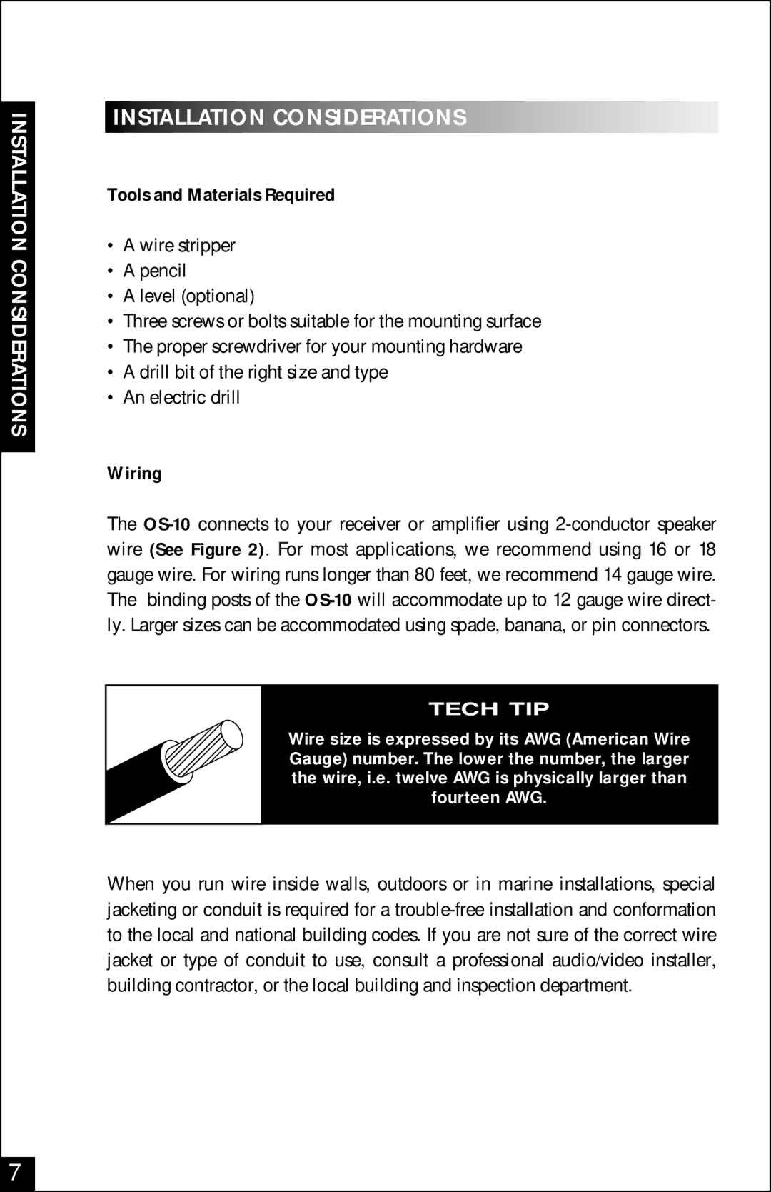 Niles Audio OS-10 manual Installation Considerations, Tools and Materials Required, Wiring 