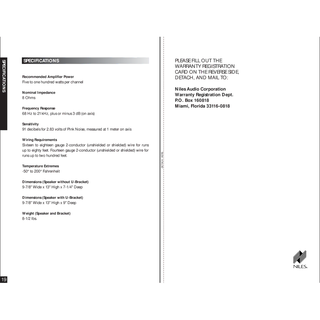 Niles Audio OS-20 manual Specifications 