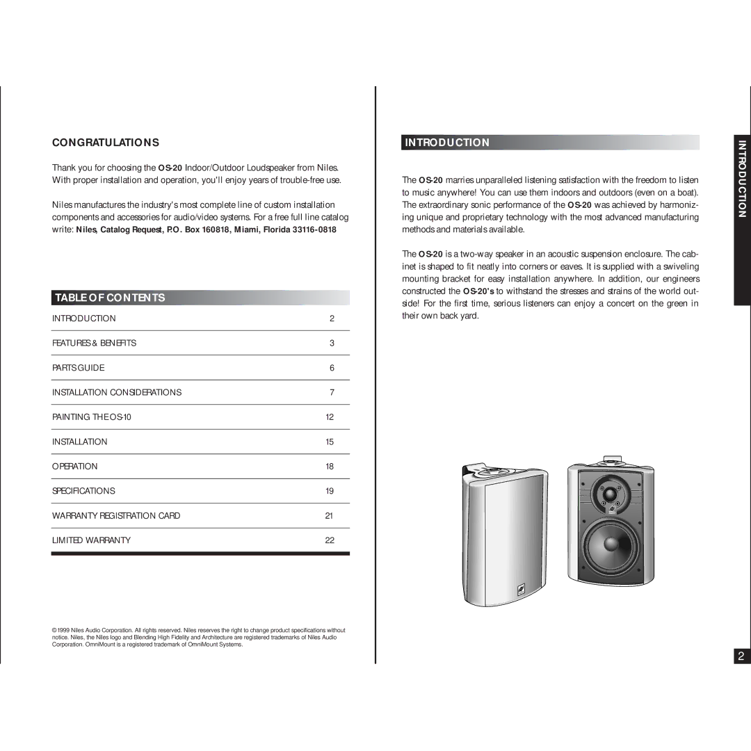 Niles Audio OS-20 manual Table of Contents, Introduction 