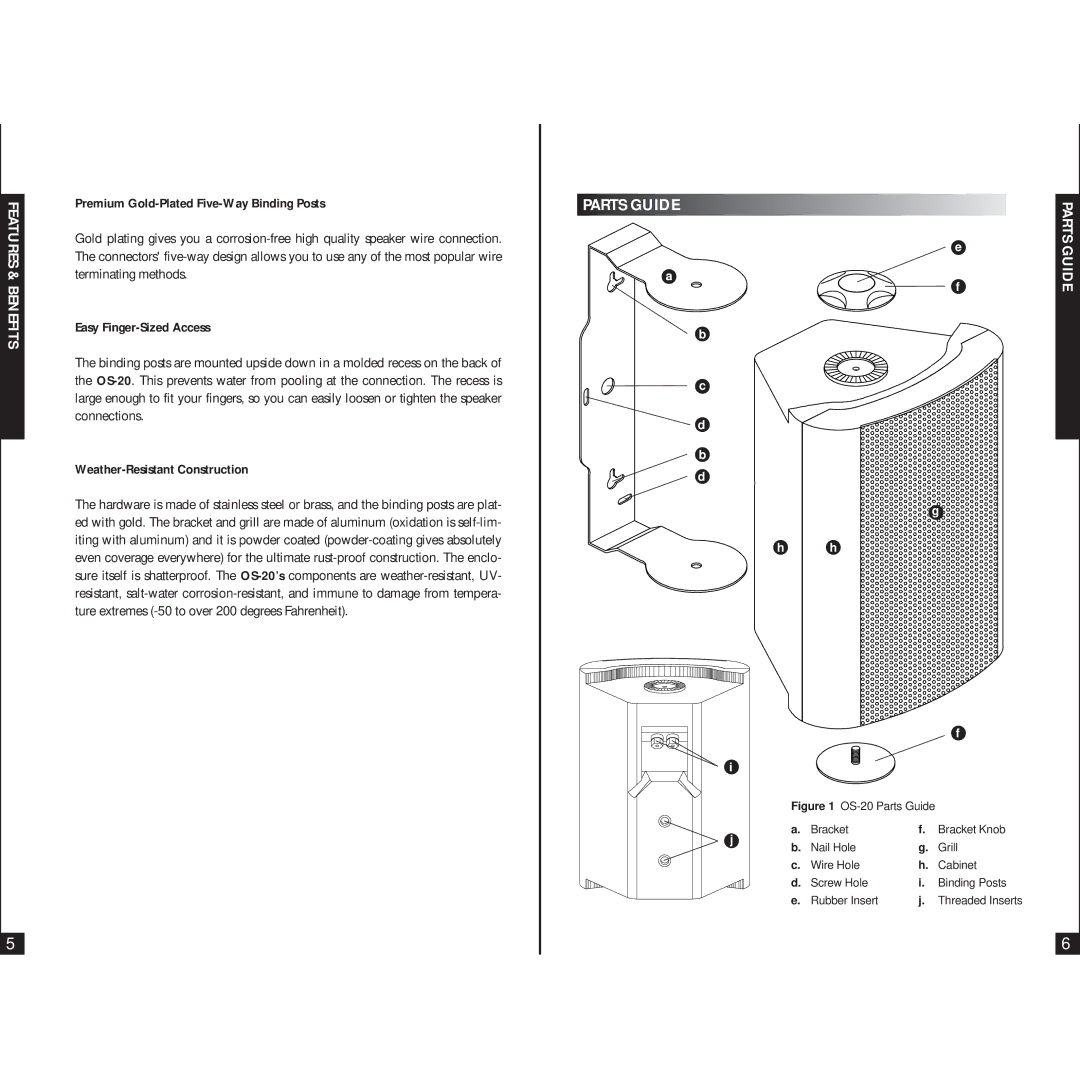 Niles Audio OS-20 Parts Guide, Premium Gold-Plated Five-Way Binding Posts, Terminating methods, Easy Finger-Sized Access 