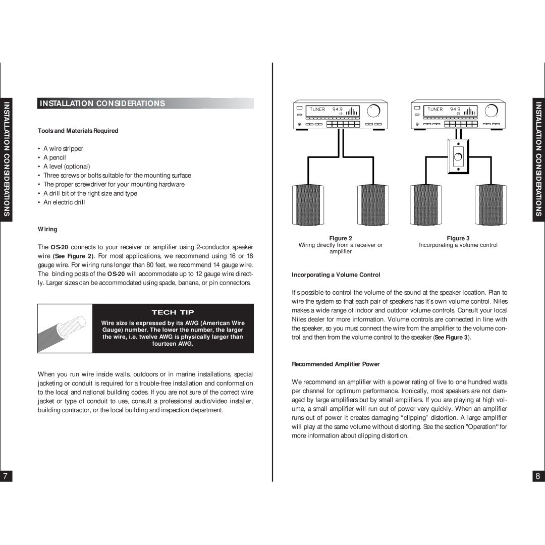 Niles Audio OS-20 manual Installation Considerations, Tools and Materials Required, Wiring, Incorporating a Volume Control 