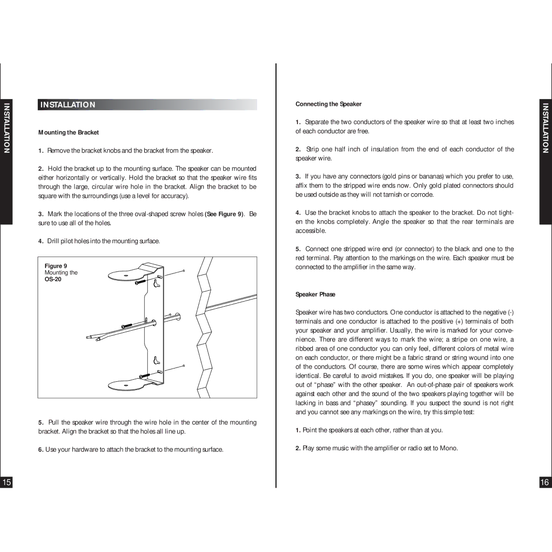 Niles Audio OS-20 manual Installation, Mounting the Bracket, Connecting the Speaker, Speaker Phase 