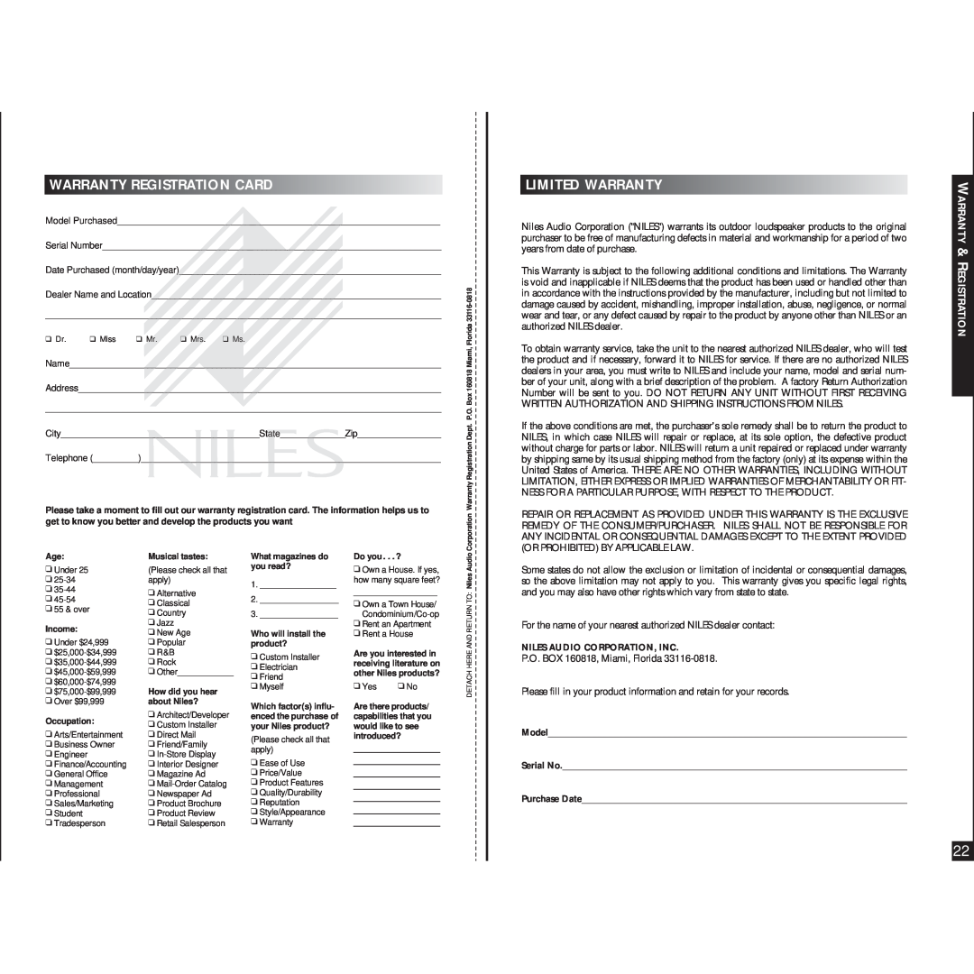 Niles Audio OS-20 manual Warrantyregistrationcard, Limitedwarranty, Warranty & Registration 