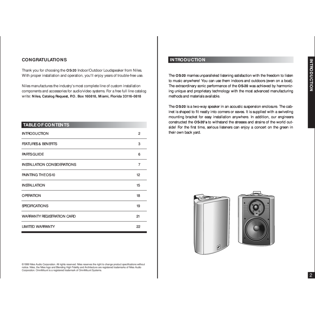 Niles Audio OS-20 manual Congratulations, Tableofcontents, Introduction 