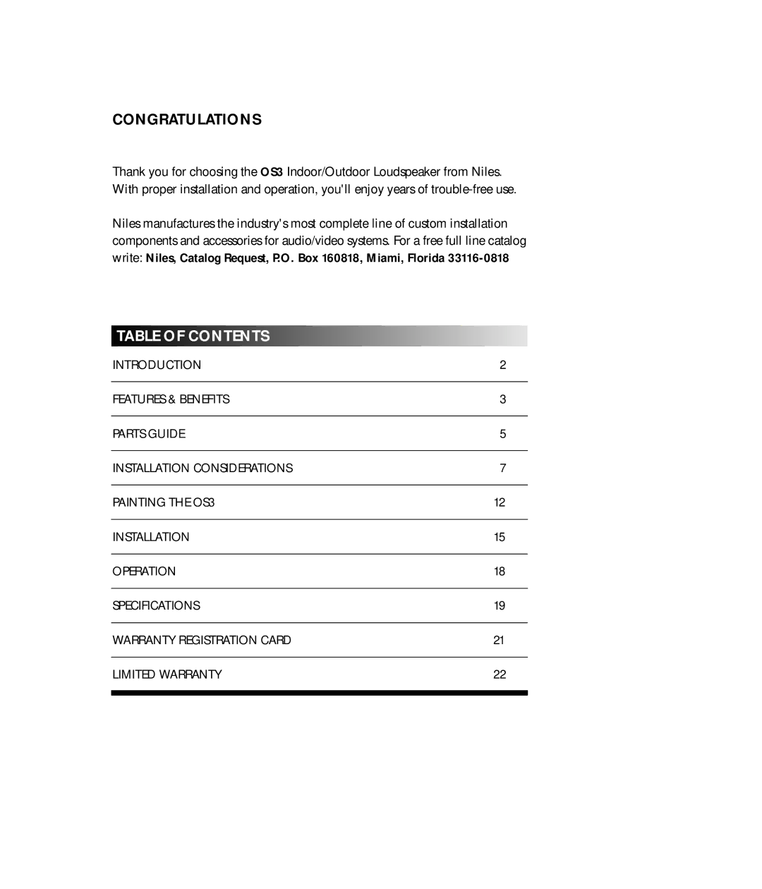 Niles Audio OS3 manual Congratulations, Table of Contents 