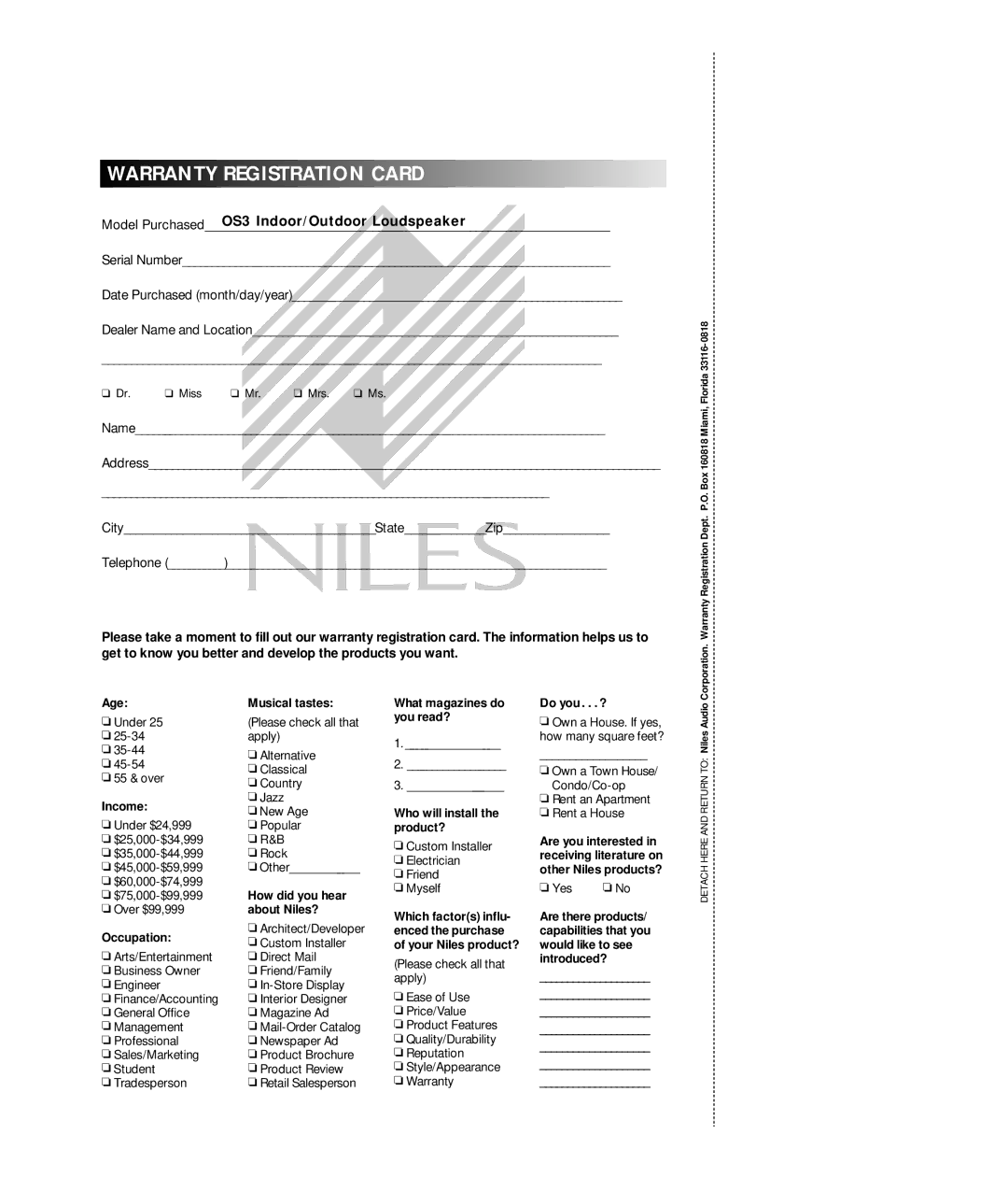 Niles Audio manual Warranty Registration Card, OS3 Indoor/Outdoor Loudspeaker 