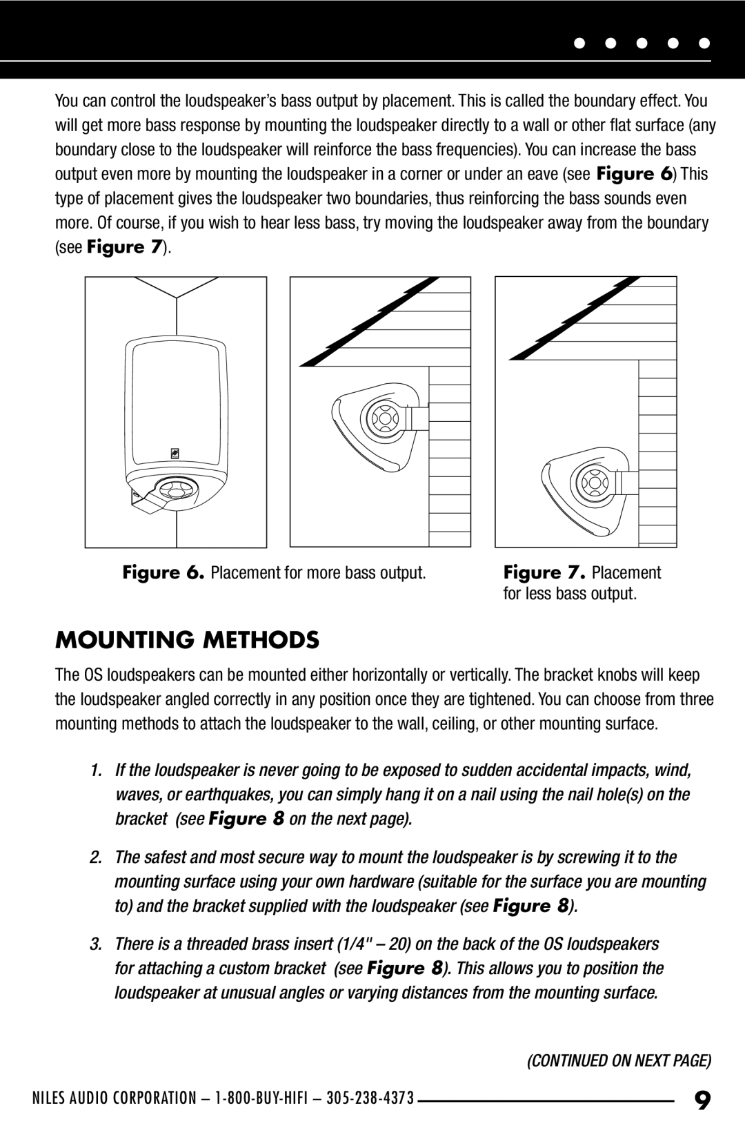 Niles Audio OS6.3, OS5.3, OS7.3 manual Mounting Methods, Placement for more bass output 