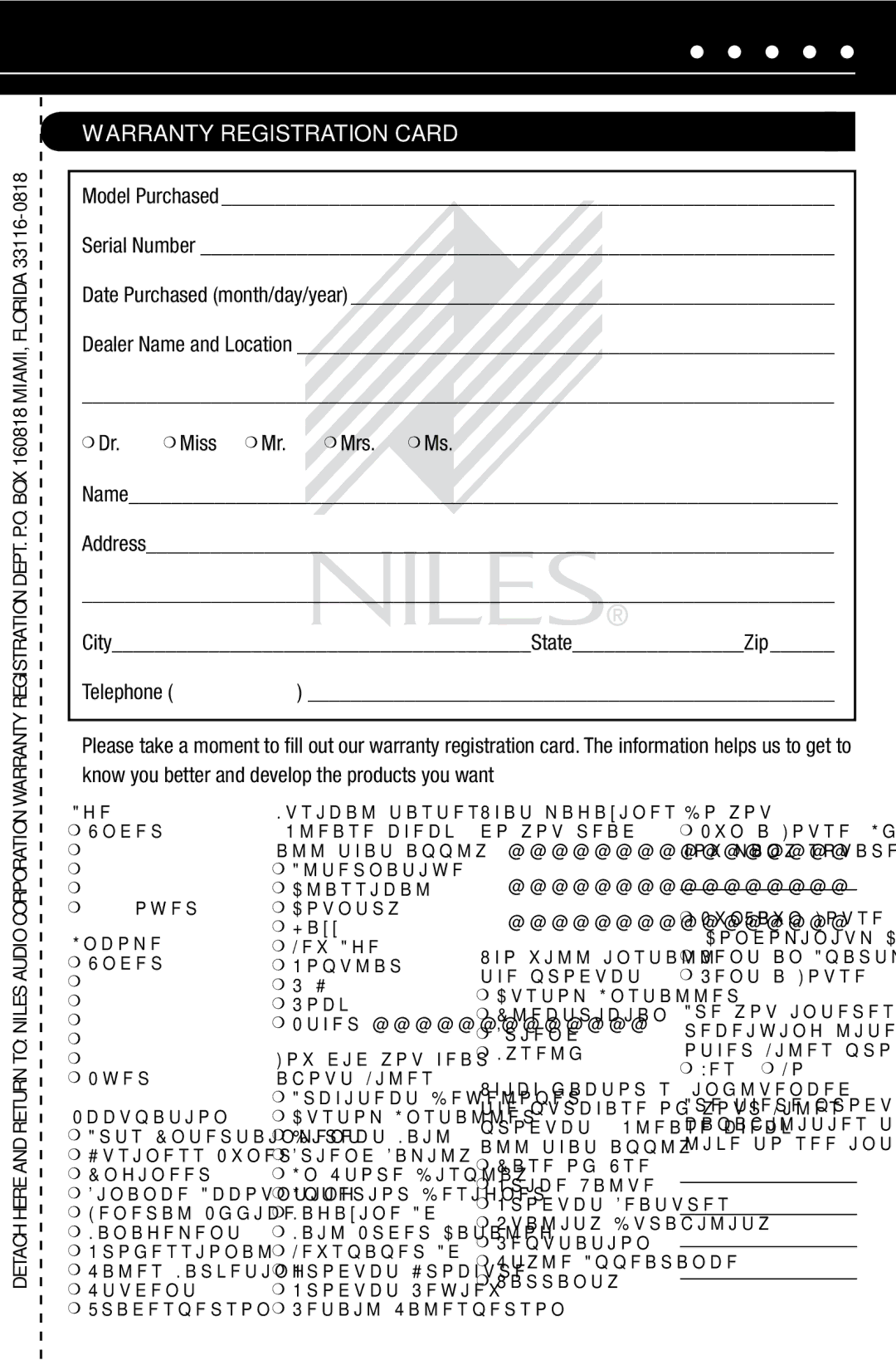 Niles Audio OS6.3, OS5.3, OS7.3 manual Warranty Registration Card, Detach here and return to Niles Audio Corporation 