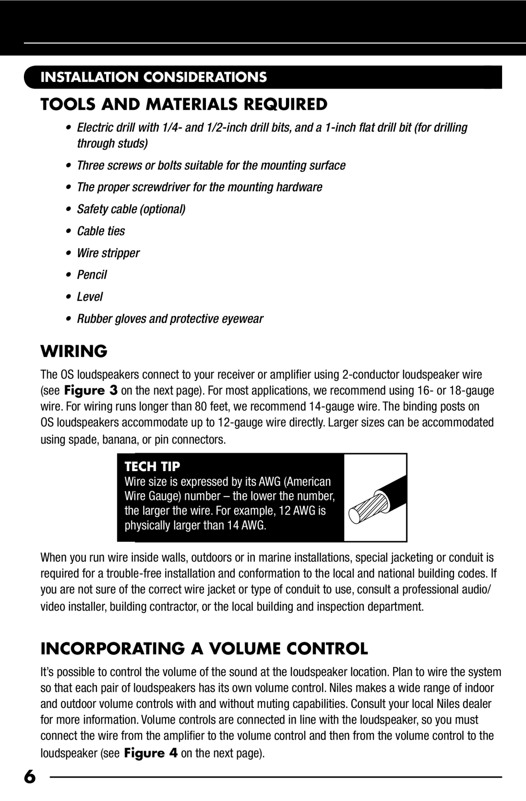 Niles Audio OS6.3, OS5.3 Tools and Materials Required, Wiring, Incorporating a Volume Control, Installation Considerations 