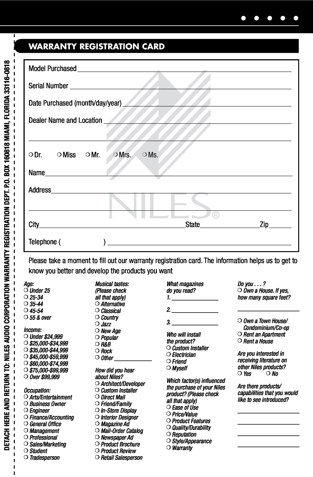 Niles Audio OS6.3, OS5.3, OS7.3 manual Warranty Registration Card 