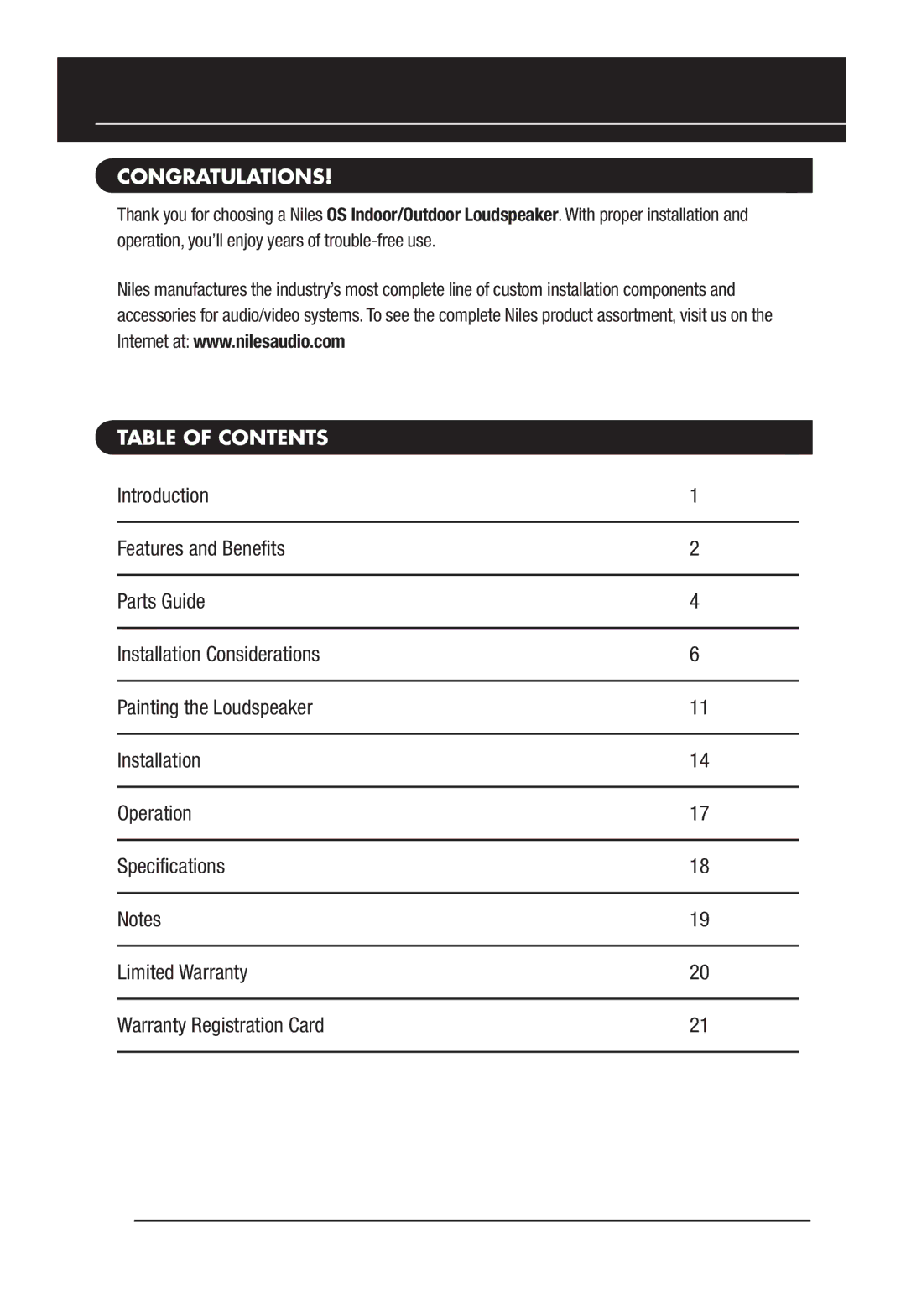 Niles Audio OS5.3SI, OS6.3Si manual Congratulations, Table of Contents 