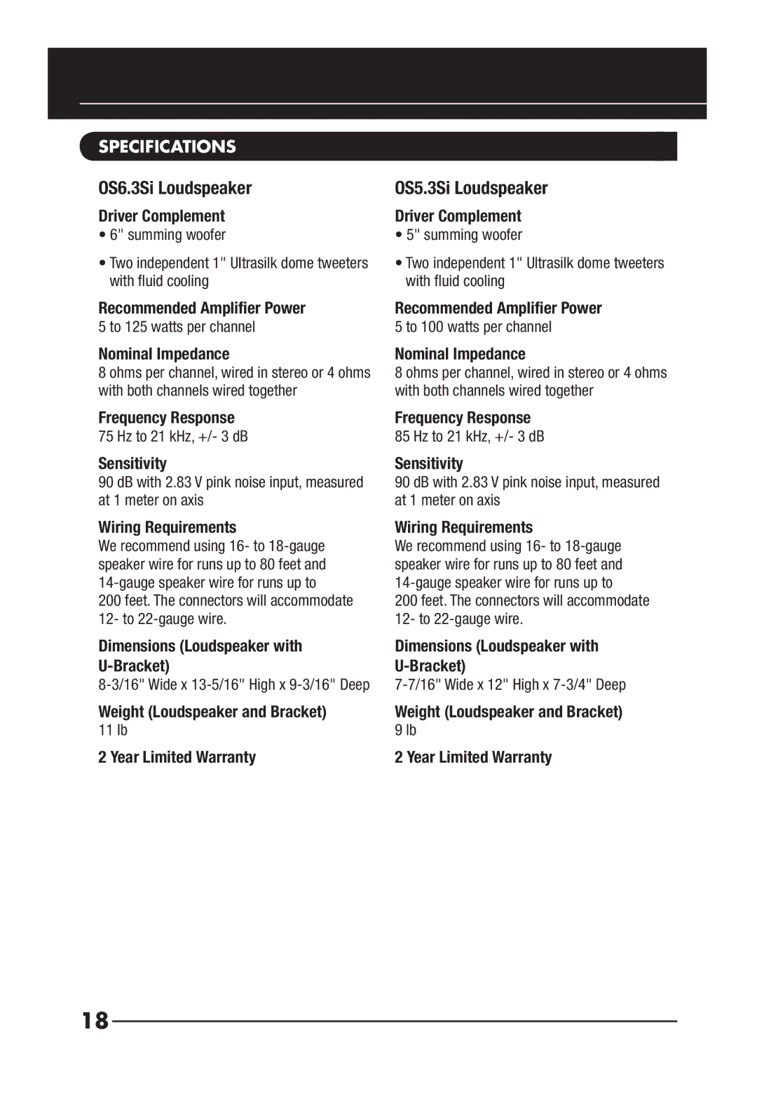 Niles Audio OS5.3SI manual OS6.3Si Loudspeaker, Specifications 