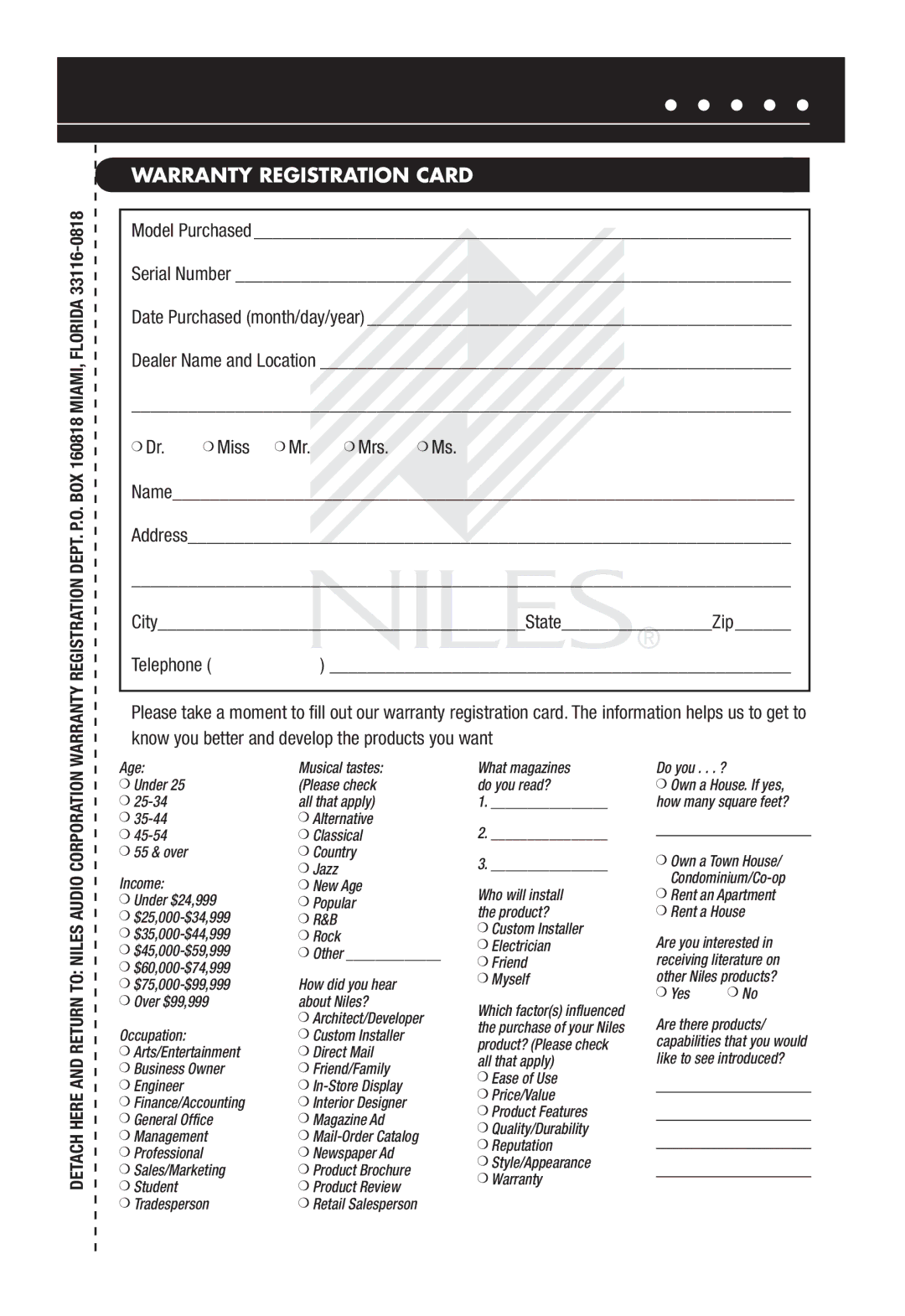 Niles Audio OS6.3Si, OS5.3SI manual Warranty Registration Card, Yes 