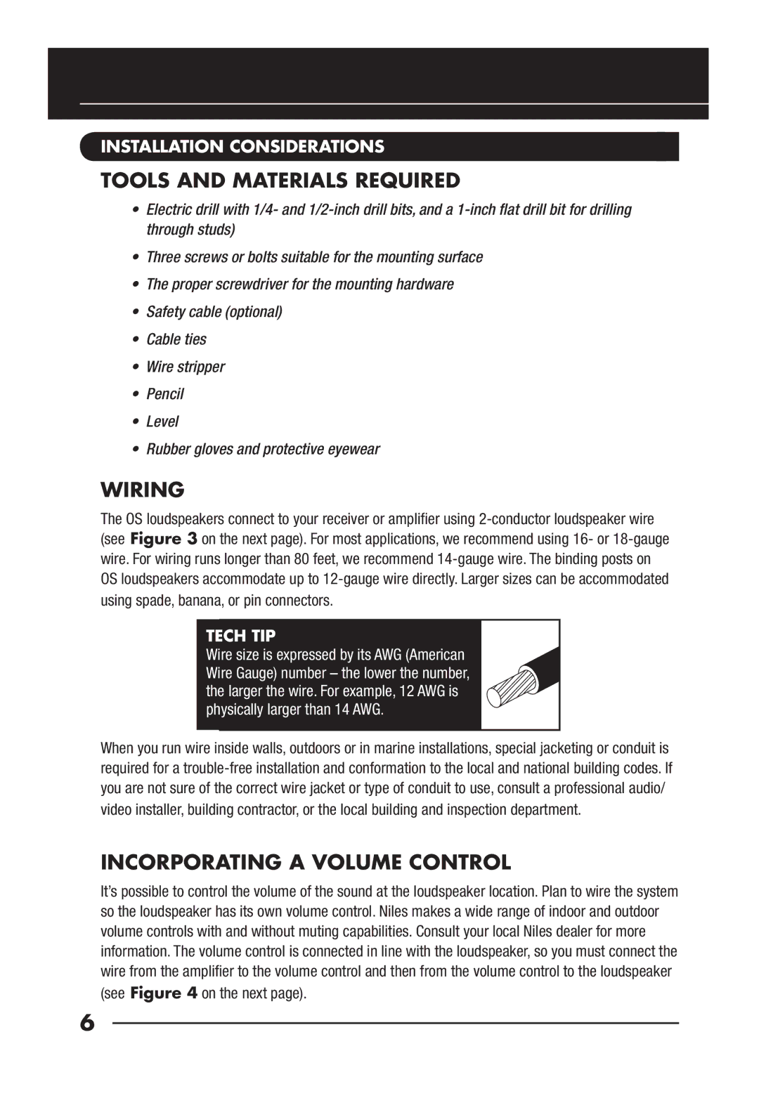 Niles Audio OS5.3SI Tools and Materials Required, Wiring, Incorporating a Volume Control, Installation Considerations 