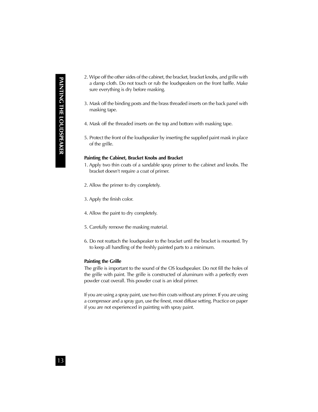 Niles Audio OS5.3SI manual Painting the Cabinet, Bracket Knobs and Bracket, Painting the Grille 