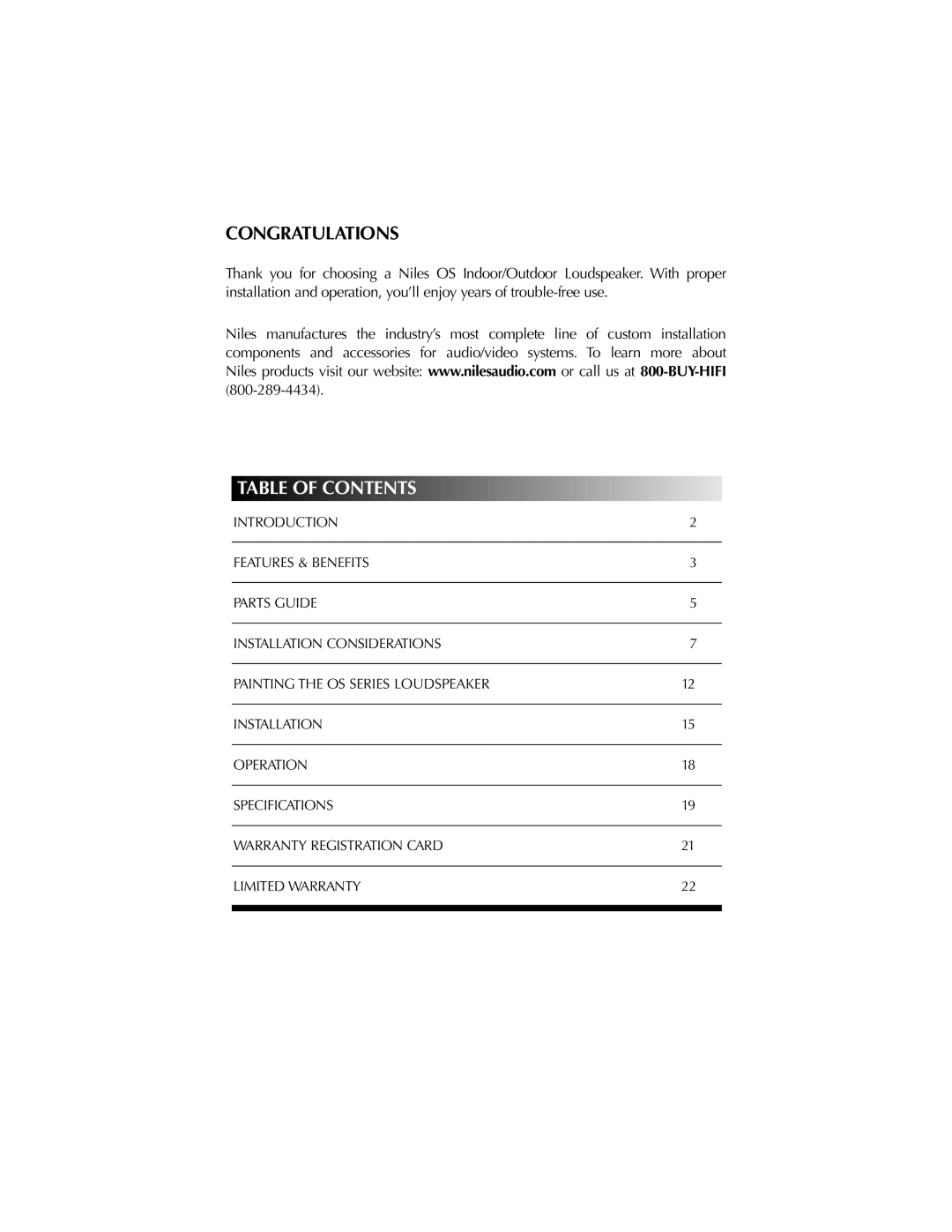 Niles Audio OS5.3SI manual Congratulations, Table of Contents 